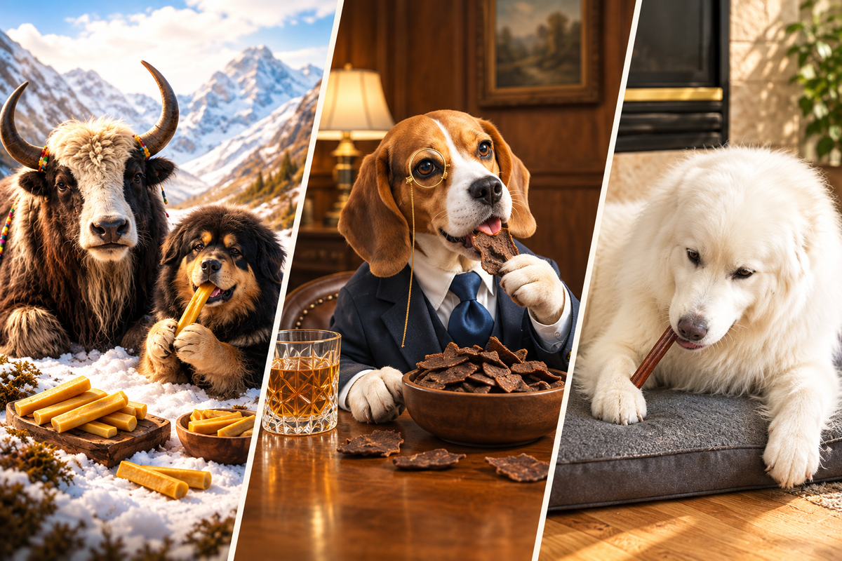Dogs enjoying yak chews, beef chips, and a collagen chew, a composite lifestyle image